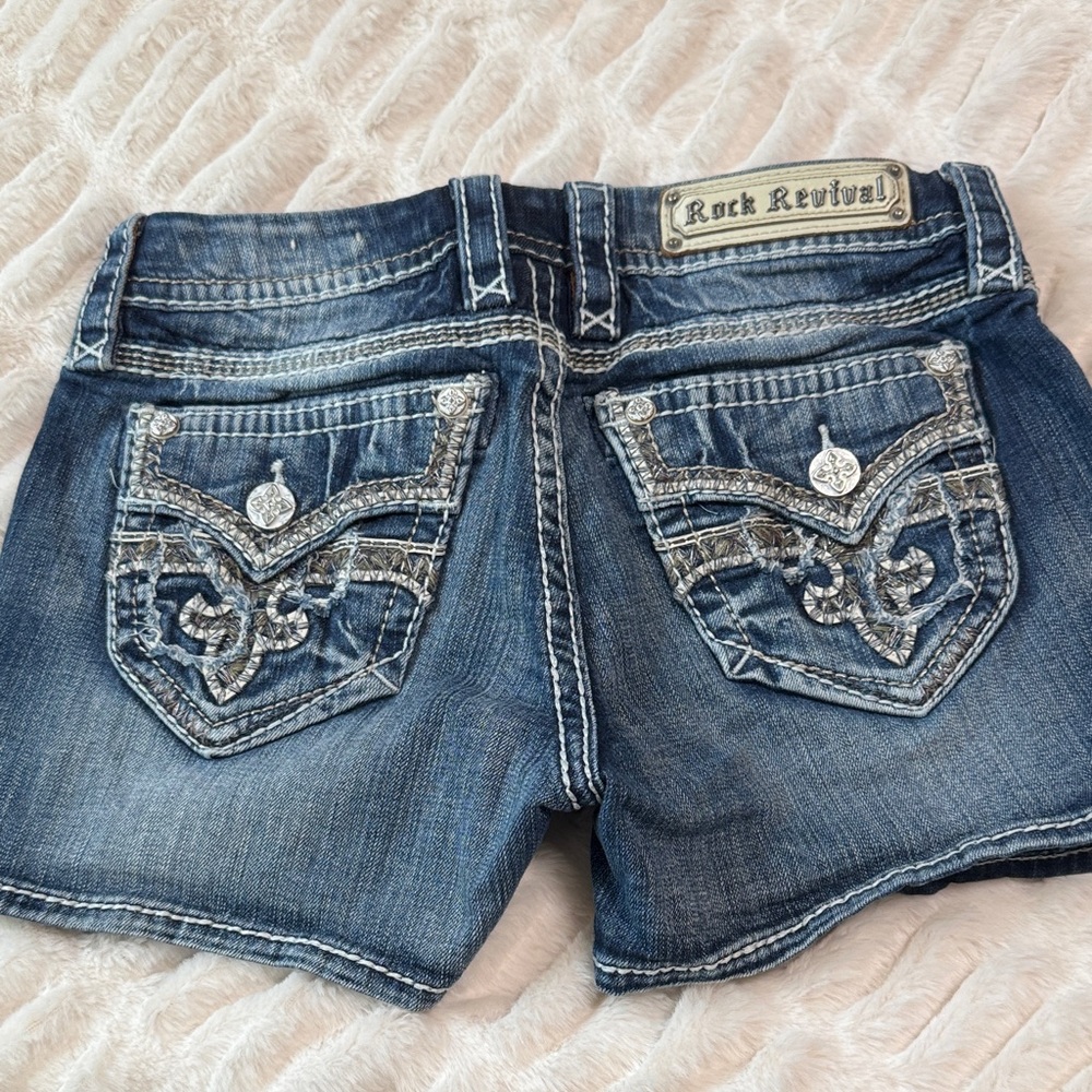 Rock Revival Blue Denim Shorts with Silver Accents